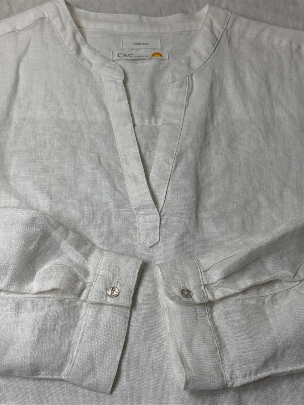 C&C California Linen Tunic Dress L White Split Neck Roll Tab Sleeve Pockets Read - Picture 14 of 14